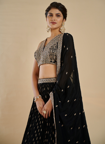Alluring Black georgette Lehenga with sequin thread embroidery comes with a  designer blouse.